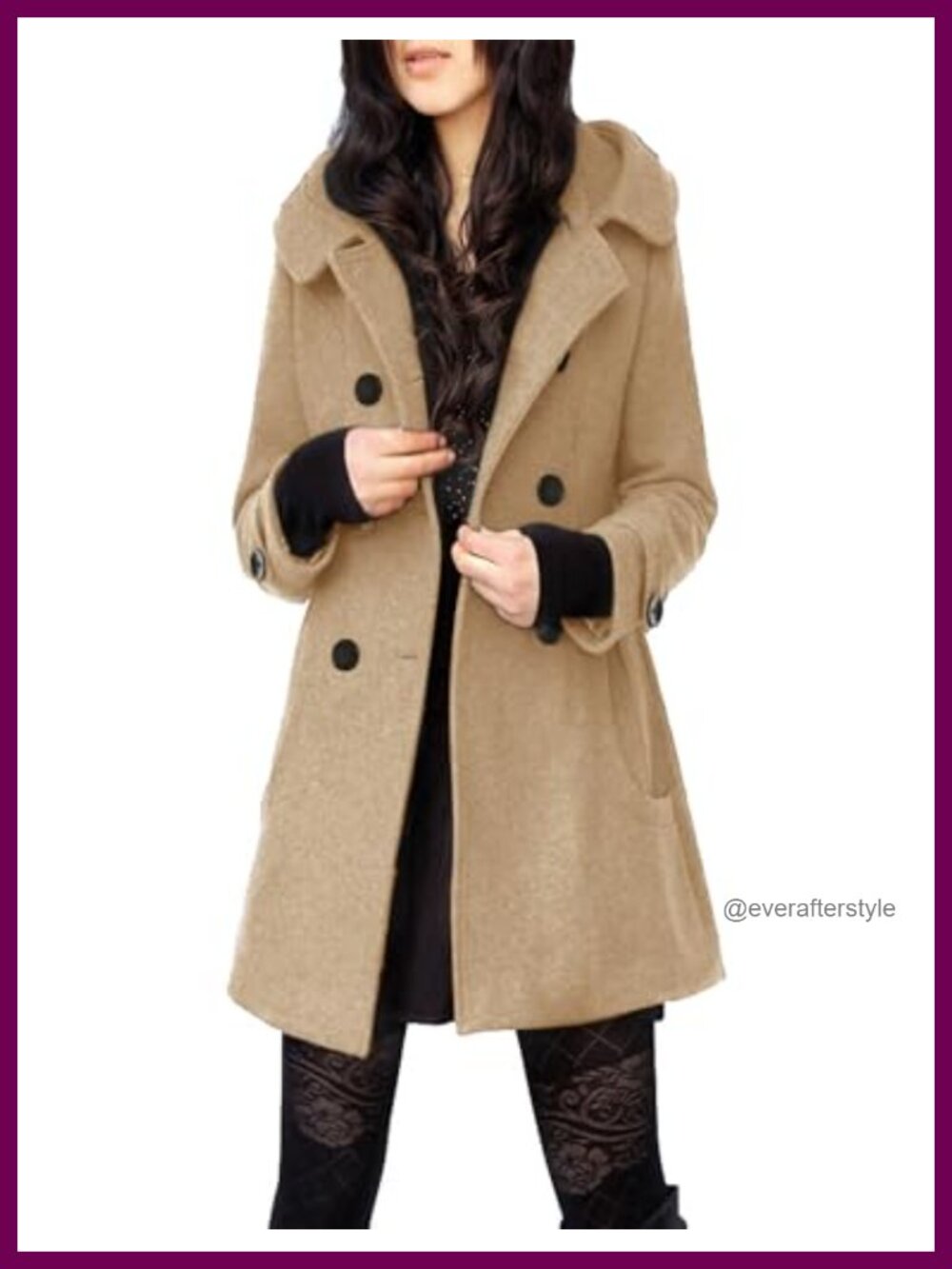 Wool Blend Hooded Peacoat Mid Long Double Breasted Winter Coat
